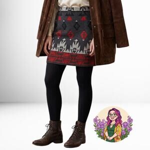 VTG The Last Best Place Southwestern Wool Blend Mini Skirt Black Red Aztec Sz 10